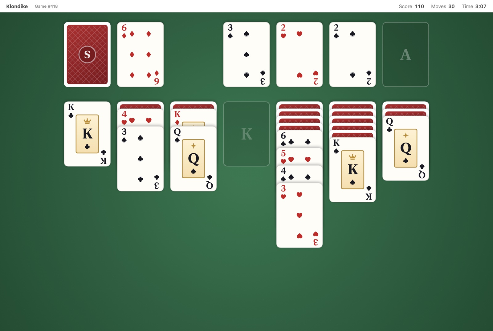 Klondike in Solitaire Salon, with crisp playing cards on a green felt table