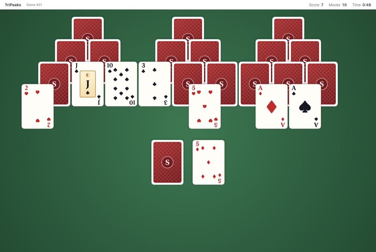 TriPeaks Solitaire with three peaks above the draw pile